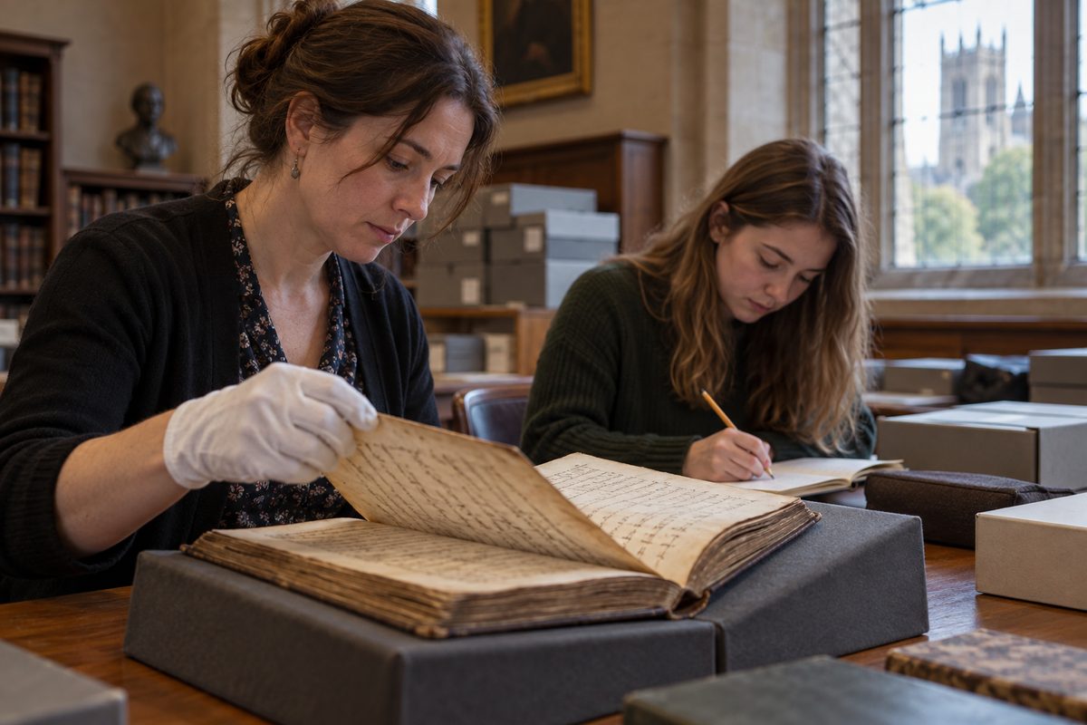 An archivist turns the page of a historic manuscript while a student takes notes