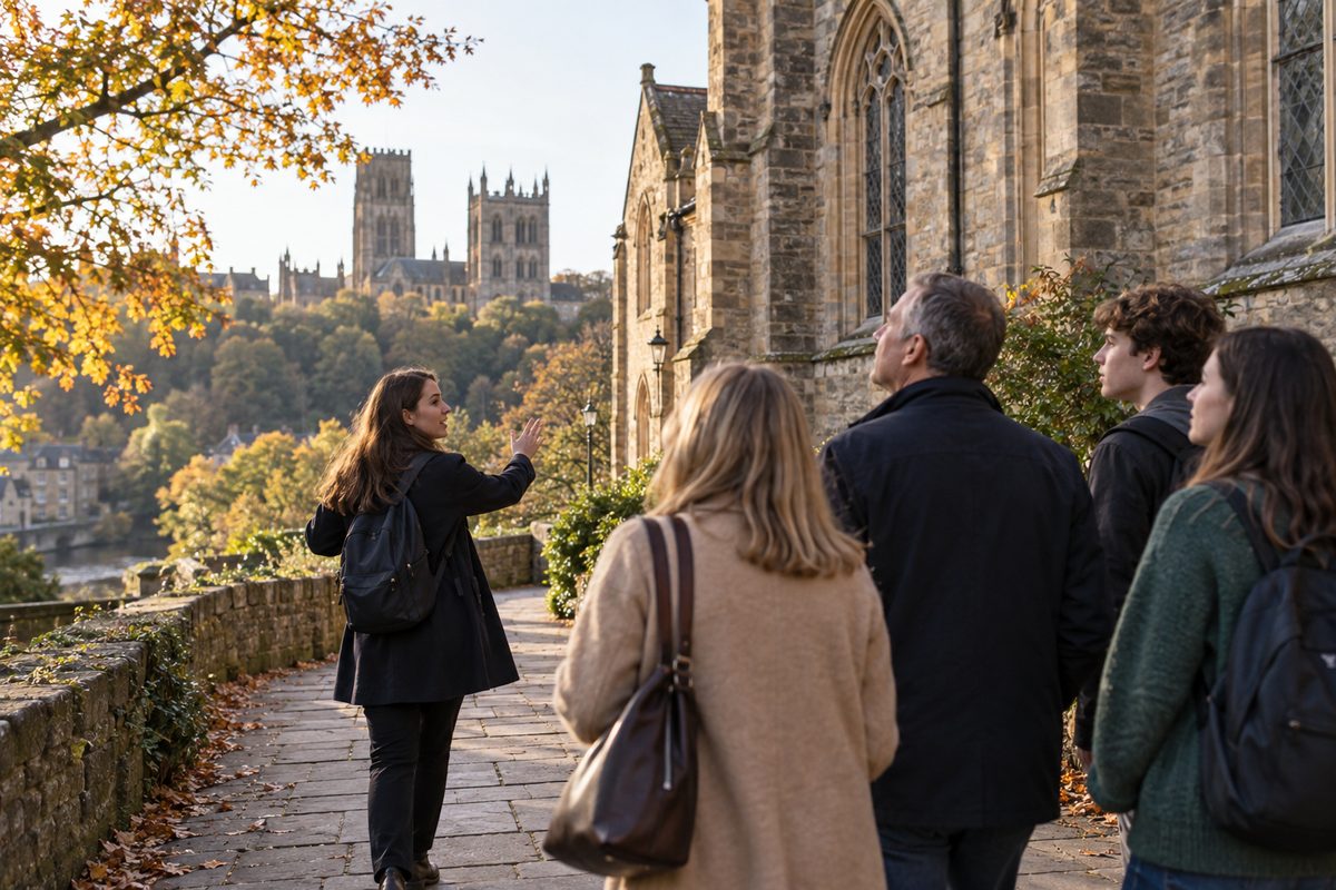 A student guide leads prospective students and parents along a stone path on a campus tour