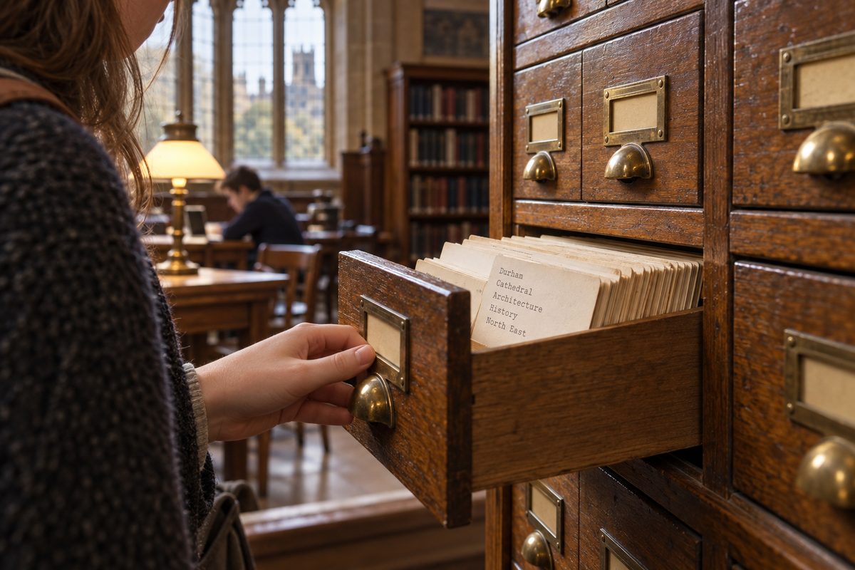 A hand pulls open a drawer of an oak library card catalogue