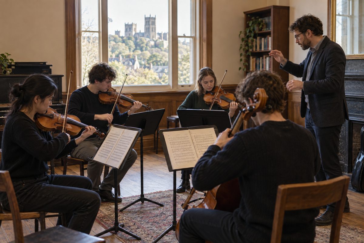 A student string quartet rehearses while a faculty coach shapes a phrase