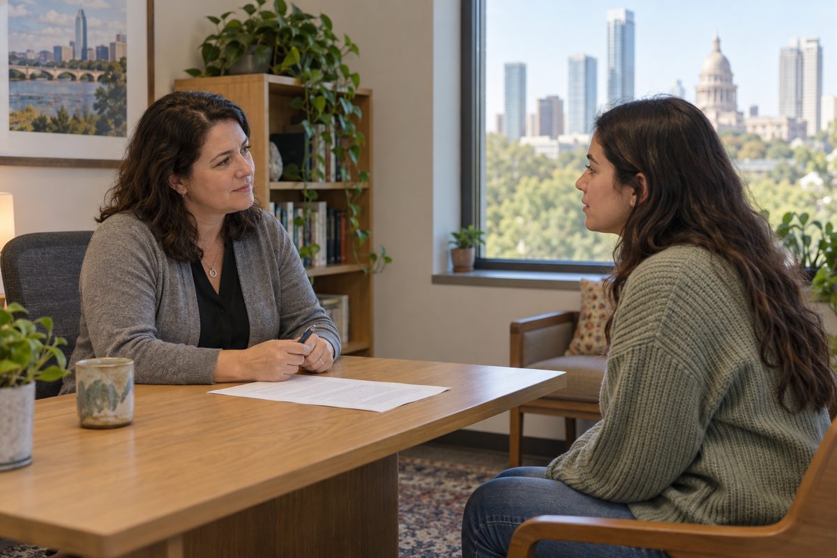 A session lead and a student talking across a small table during a first consultation