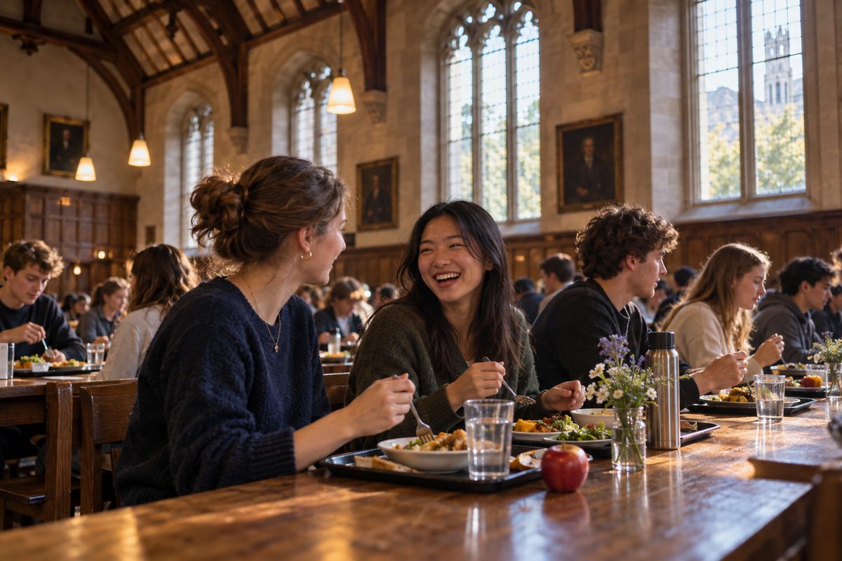 Students share a long table in a timber-trussed dining hall