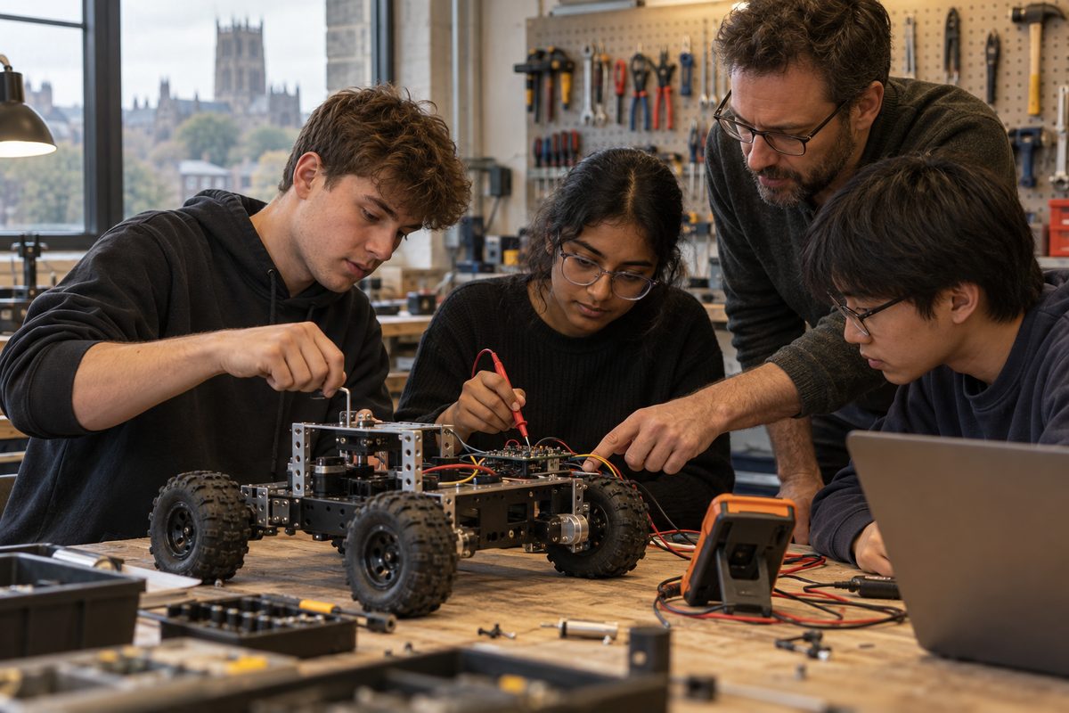 Engineering students and a faculty lead assemble and test a small robotics rig on a workbench