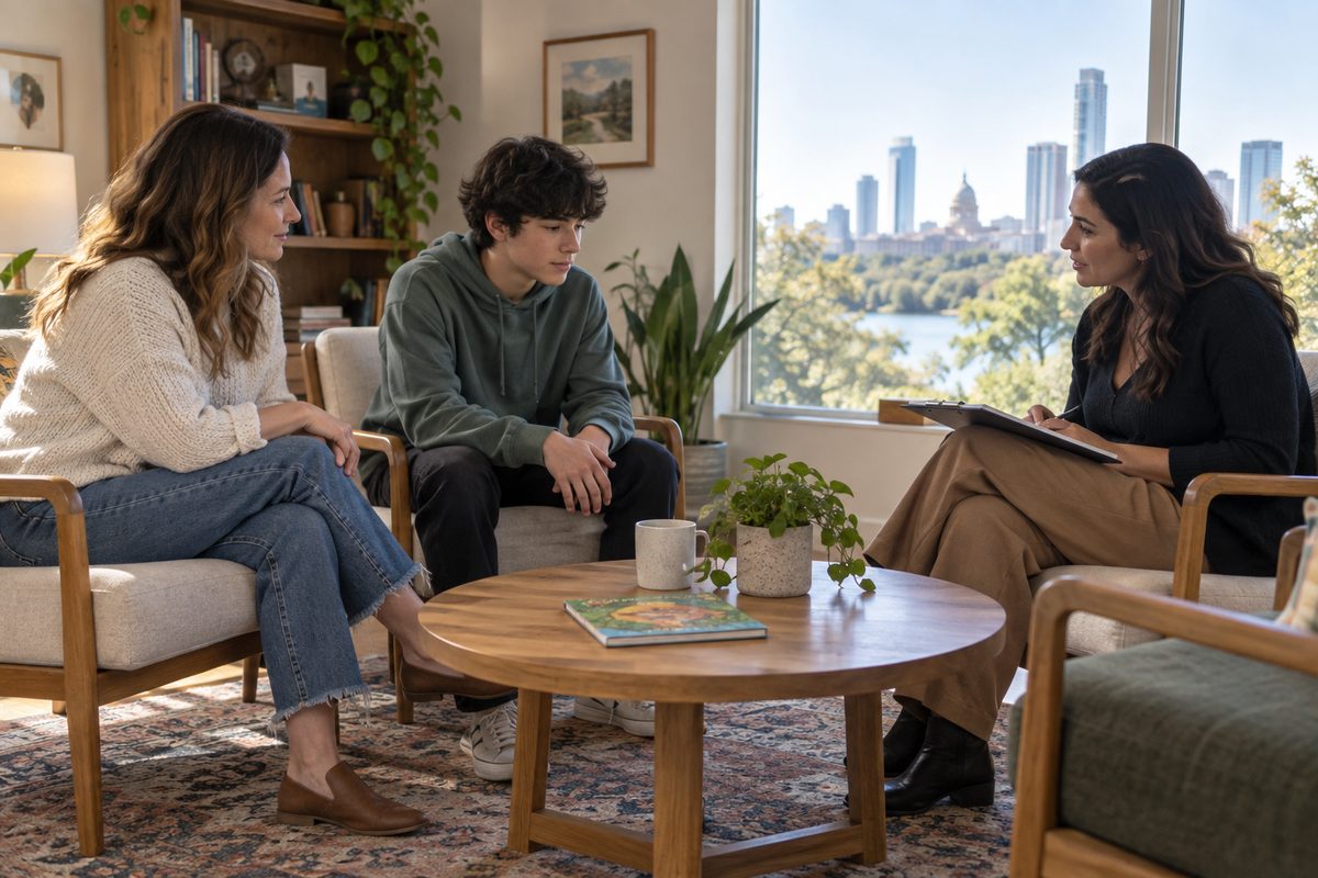 A parent and teenager seated with a session lead in the family room