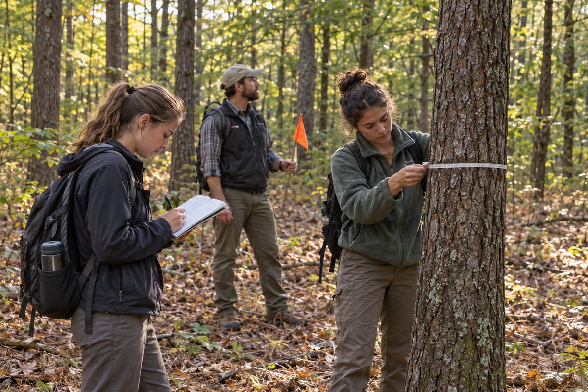 Students measure a tree trunk and record data in a forest research plot