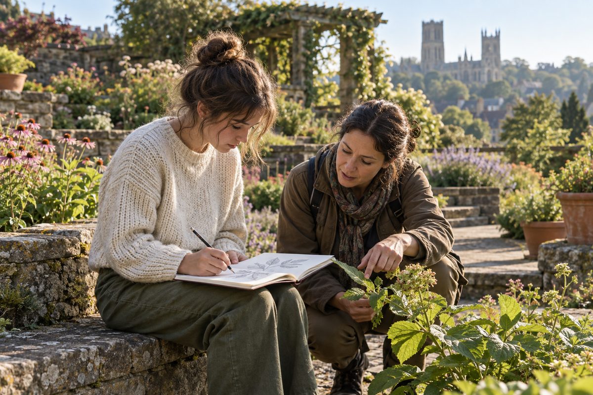 A student sketches a plant specimen in the gardens while an instructor points to the leaf structure