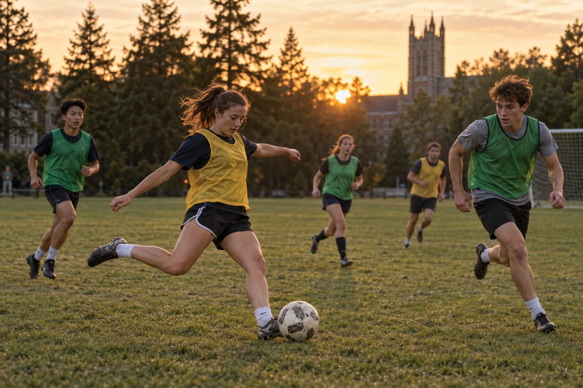 Students play an evening intramural soccer game on a campus field