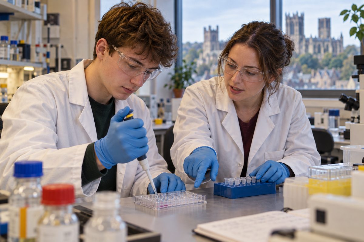 An undergraduate pipettes samples at a lab bench while a graduate mentor explains the next step