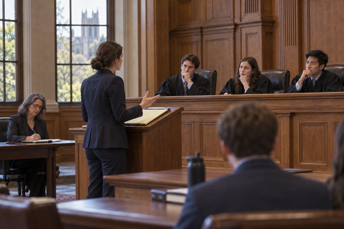 A law student argues at the lectern during a moot court practice session