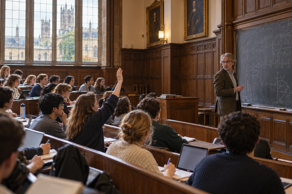 A professor turns from the chalkboard to take a question in a full lecture room