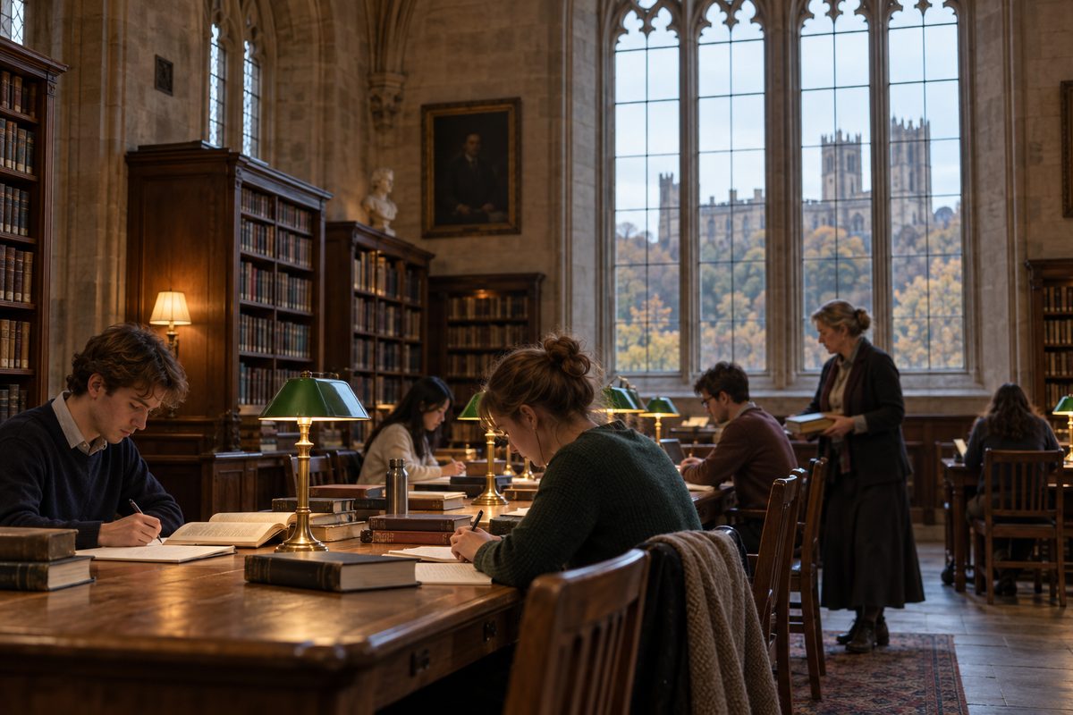 Students read and take notes at long tables in a stone Gothic reading room
