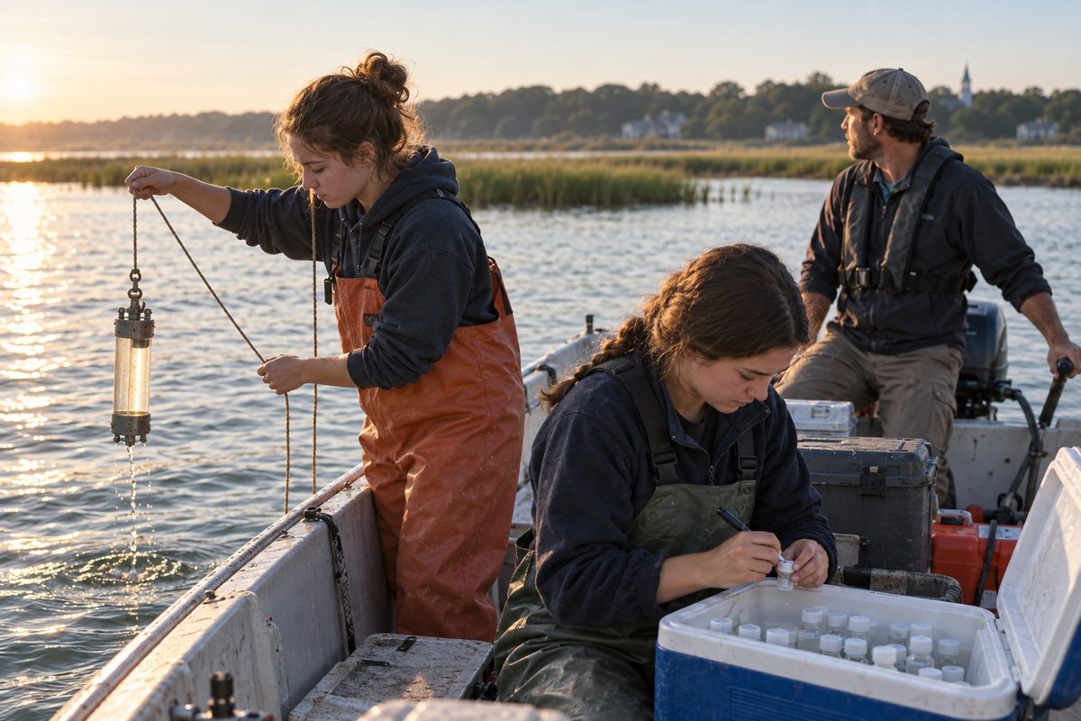 Marine science students lower a water sampler from a small boat in a coastal sound