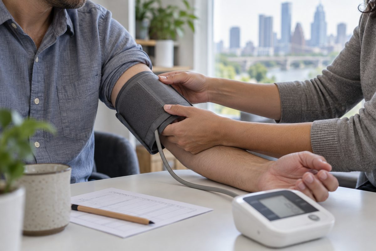 Hands fitting a blood pressure cuff to an arm beside a record card