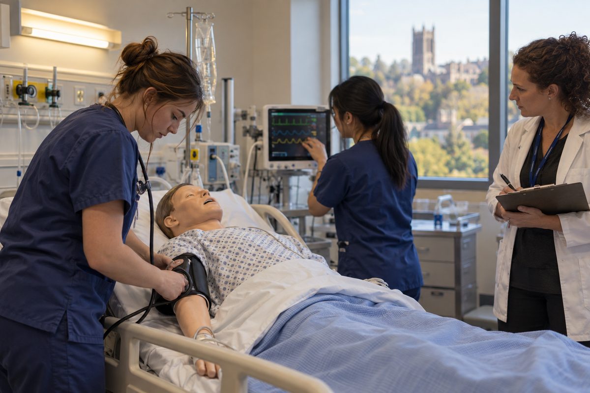 Nursing students practise taking vitals on a simulation manikin while an instructor observes
