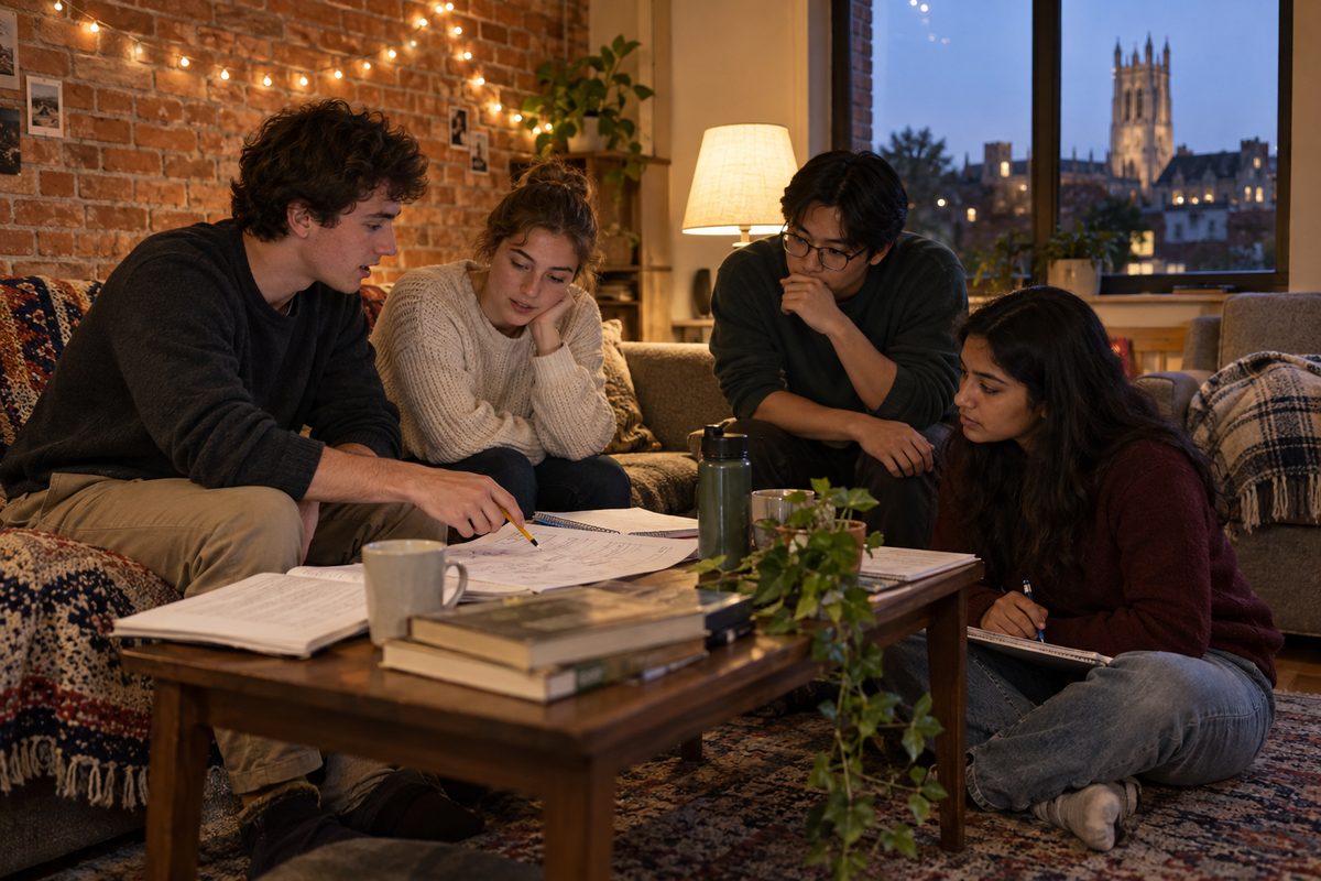 Four students work through a problem set together in a residence hall common room
