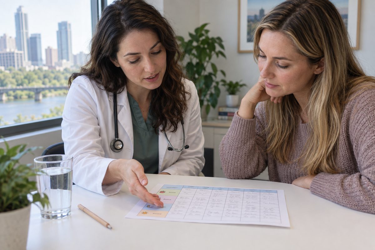 A visiting specialist and a visitor reviewing a printed weekly diary together