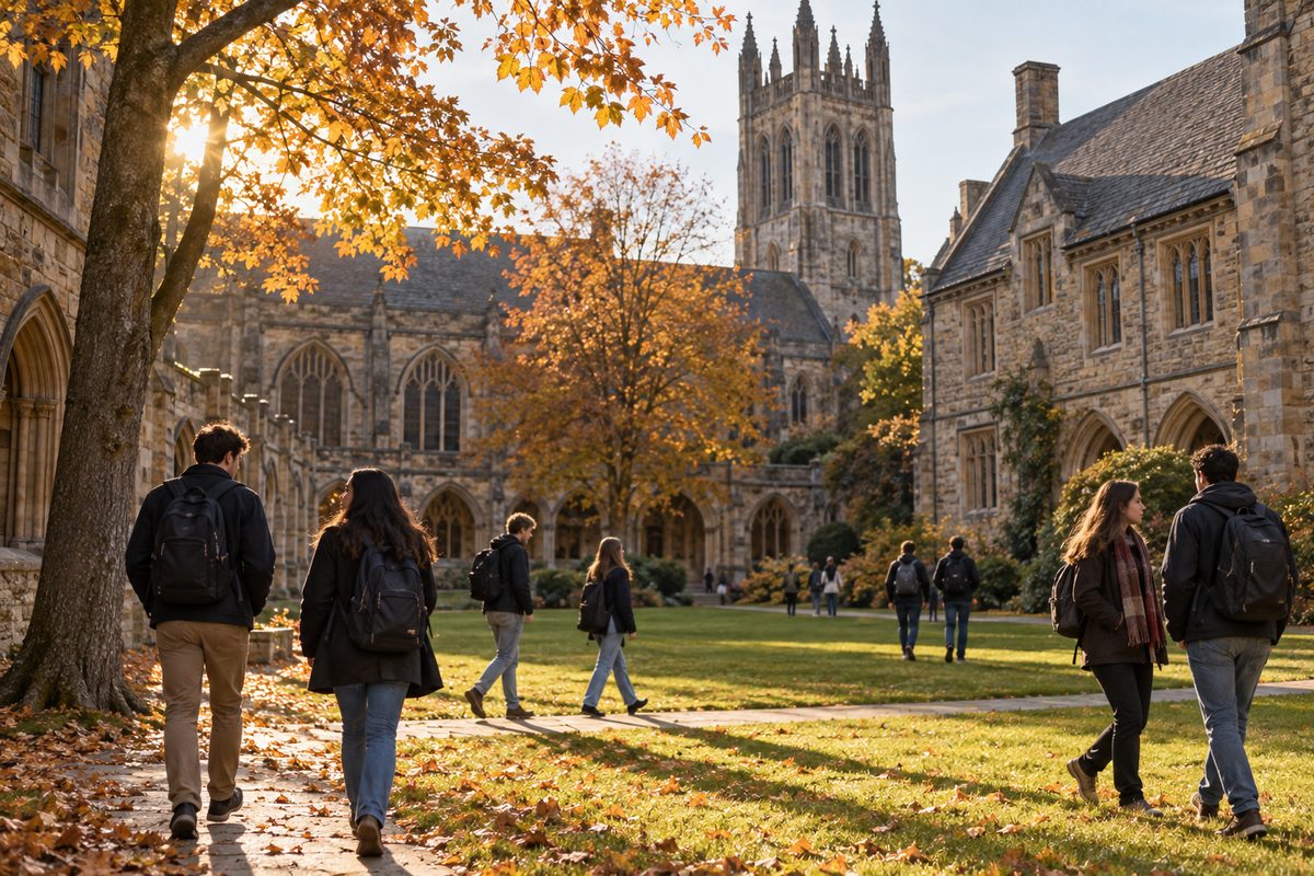 Students crossing a stone quadrangle under Gothic arches in late autumn light