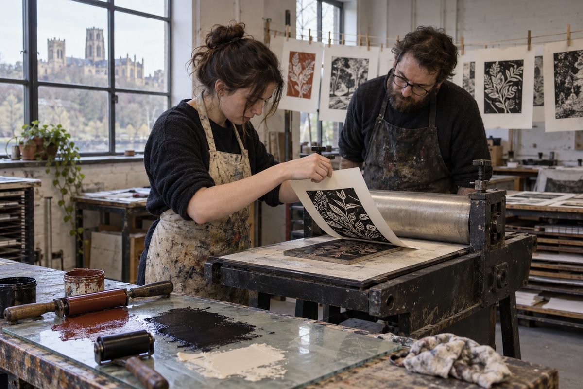 A student pulls a linocut print from the press while an instructor checks the ink
