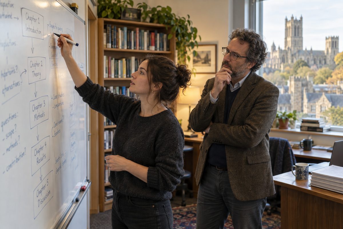 A doctoral student maps her dissertation chapters on a whiteboard while her advisor listens