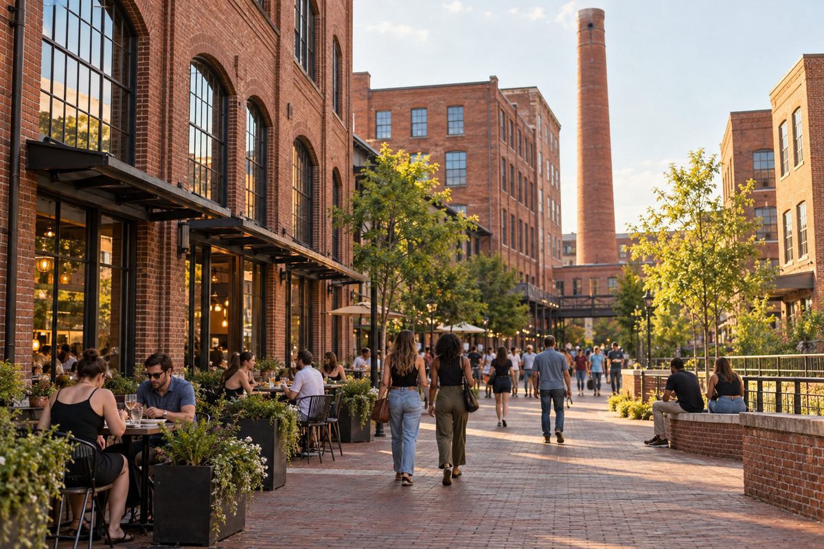 People walk and sit outside along the red-brick converted tobacco warehouses in Durham